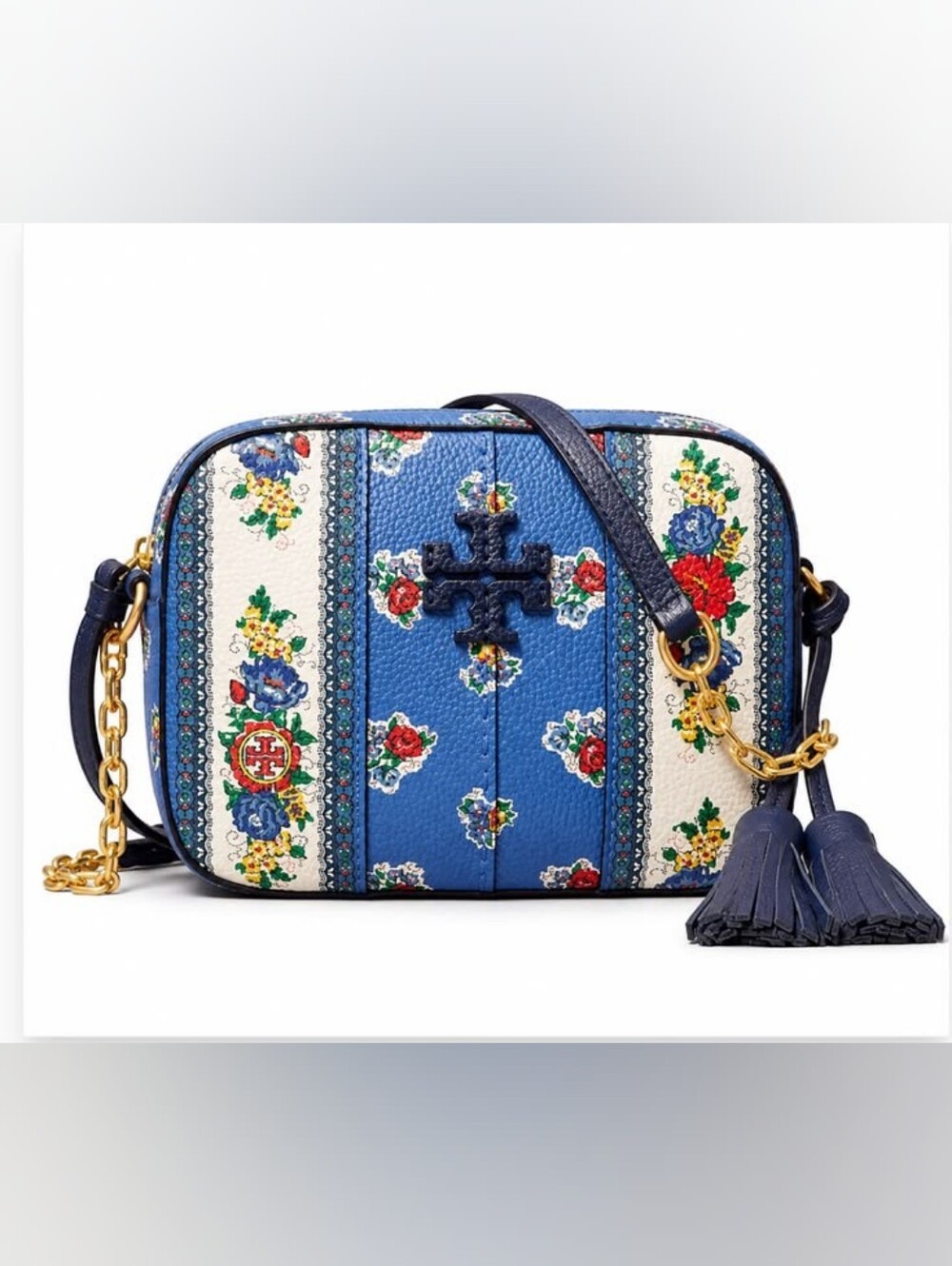Tory Burch McGraw Floral Camera Bag Blue Tea Rose Border Leather Tassel Retro